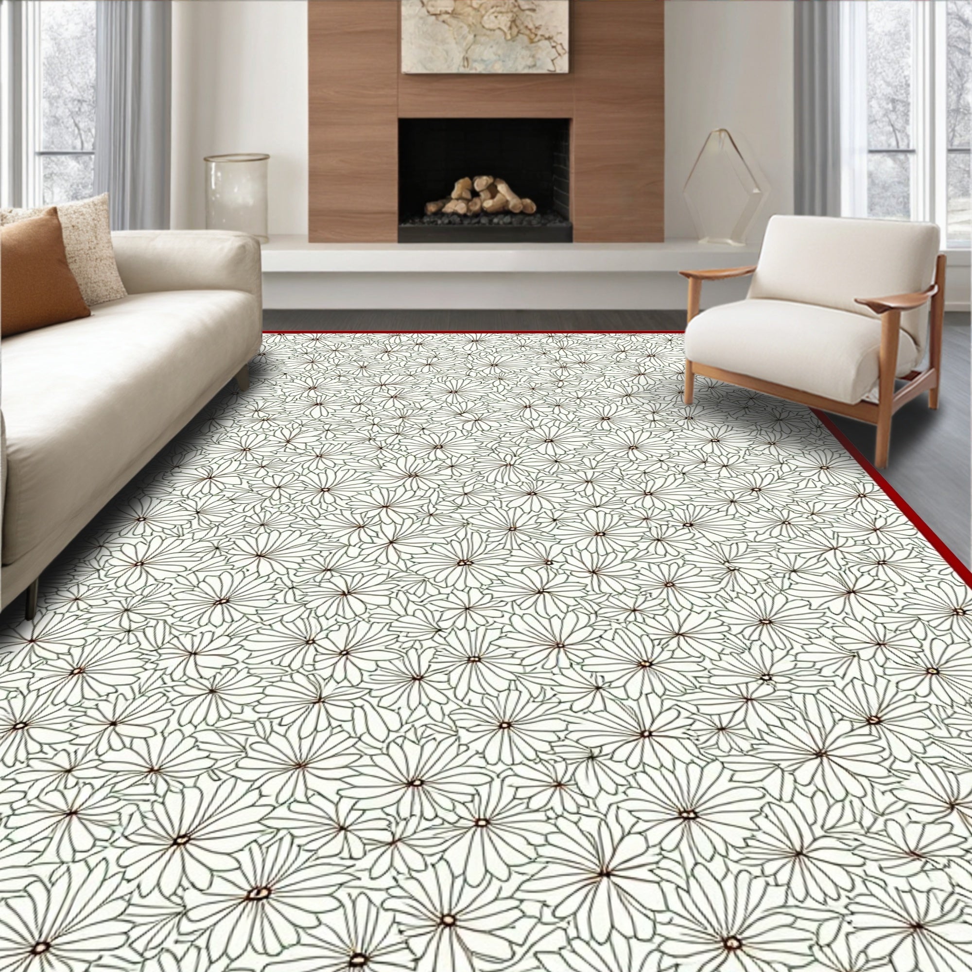 Classic White Floral Outline Rug