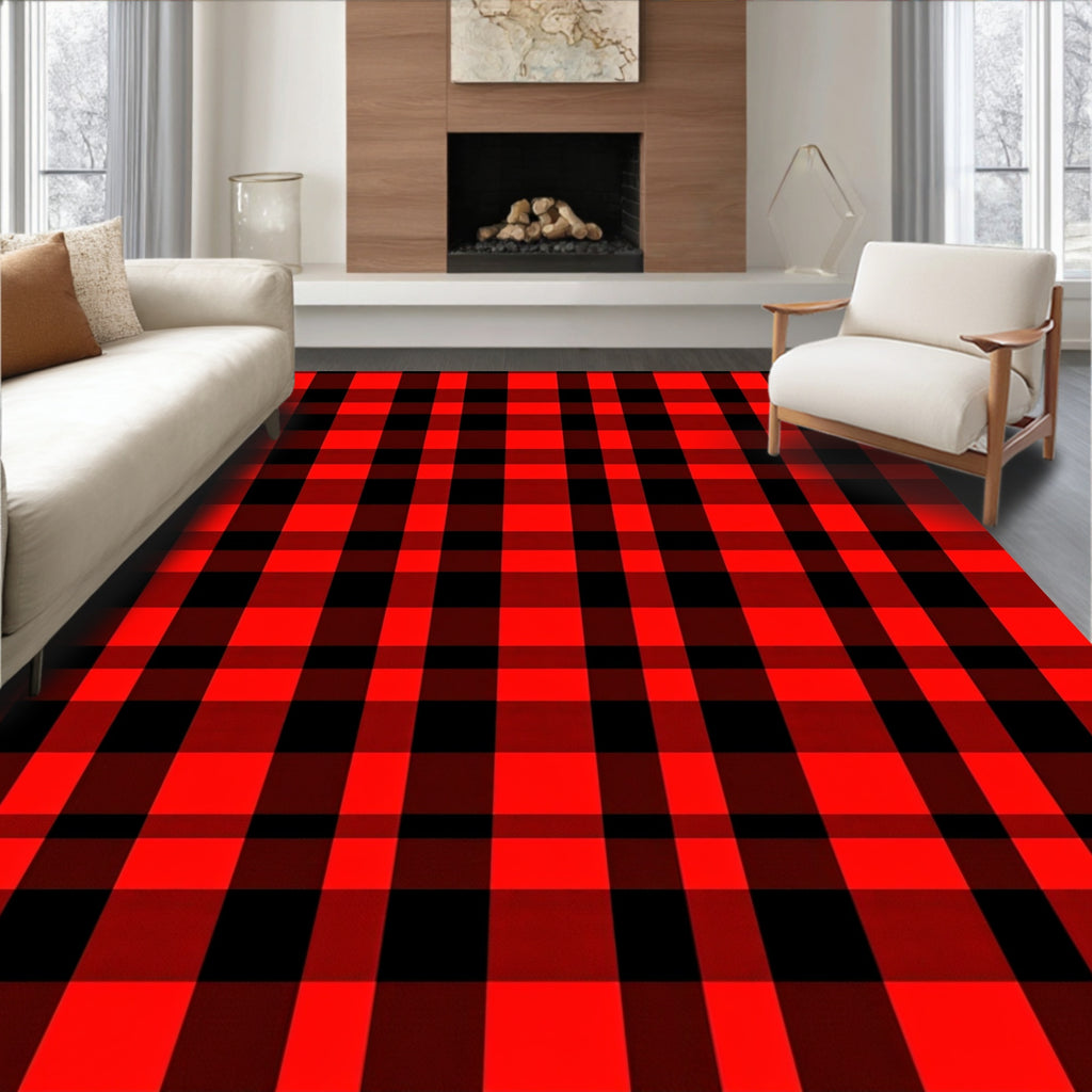Bold Red Black Gingham Squares Rug