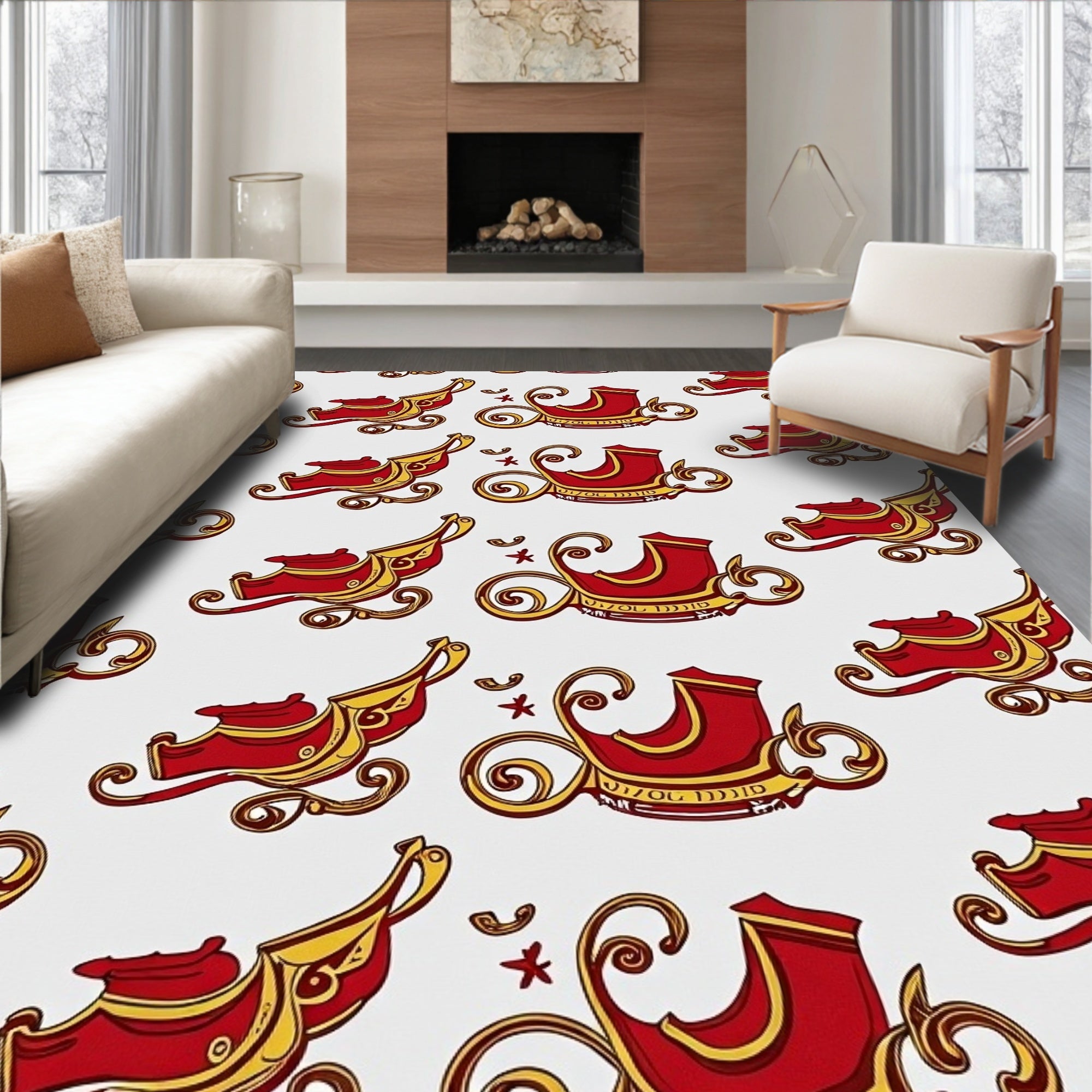 Vintage Red Gold Sleigh Holiday Repeat Rug