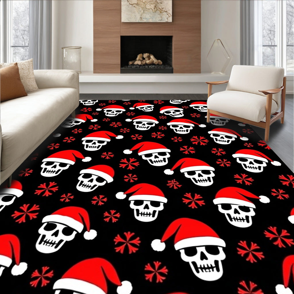Festive Black Santa Skull Snowflakes Rug