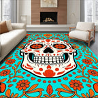 Vibrant Teal Orange Skull Floral Rug