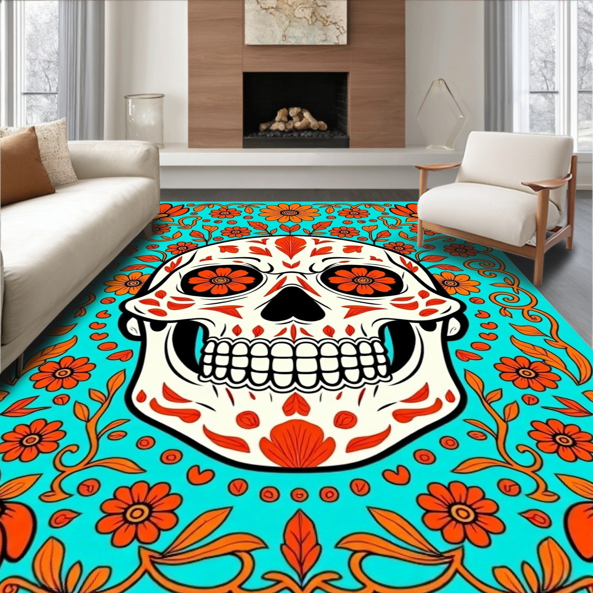 Vibrant Teal Orange Skull Floral Rug