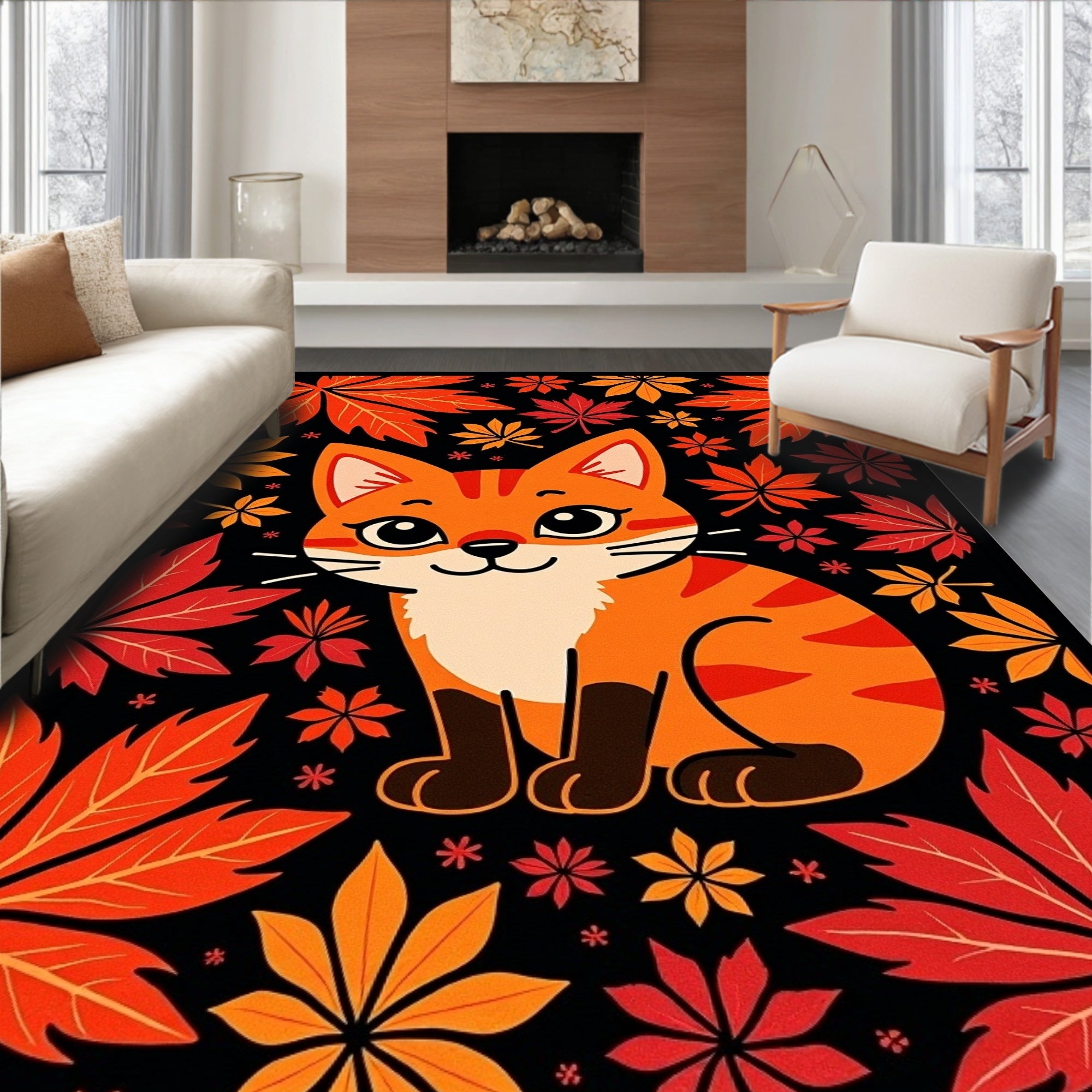 Orange Tabby Cat Amidst Autumn Leaves Rug