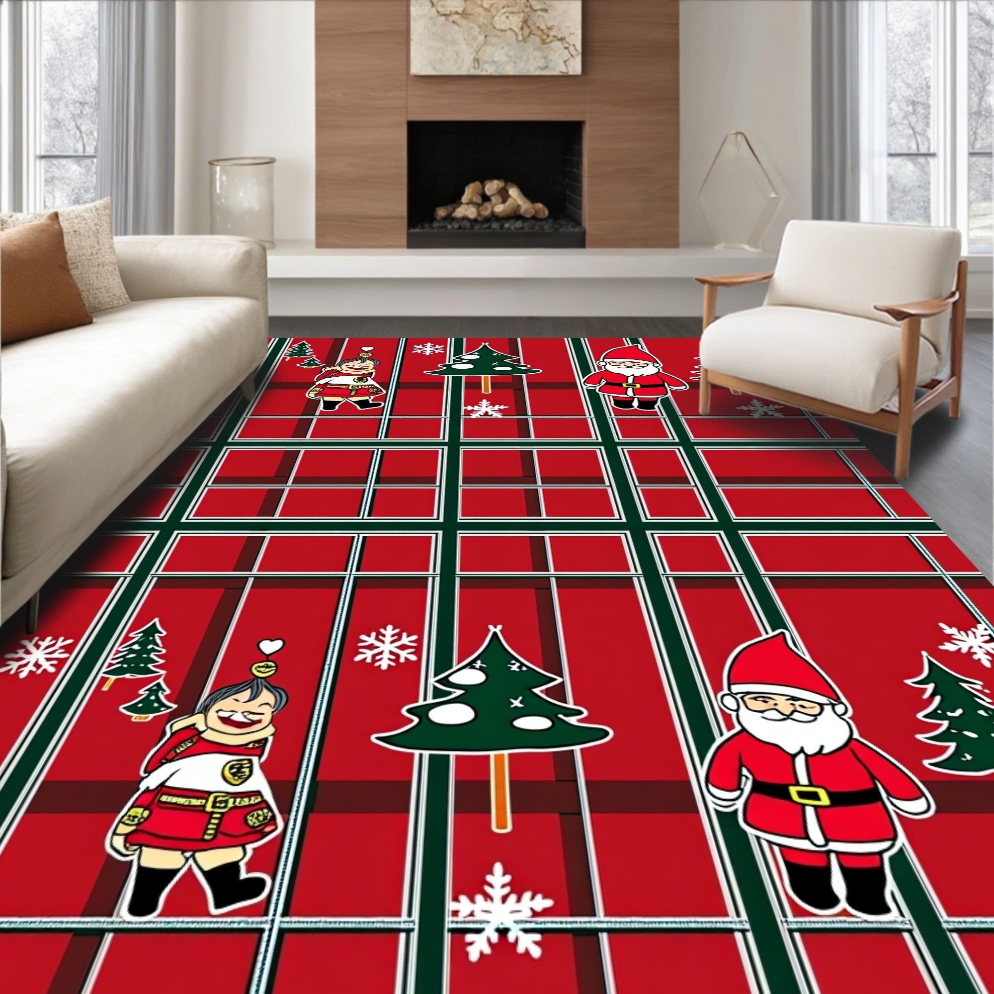 Red Green Plaid Christmas Figures Rug