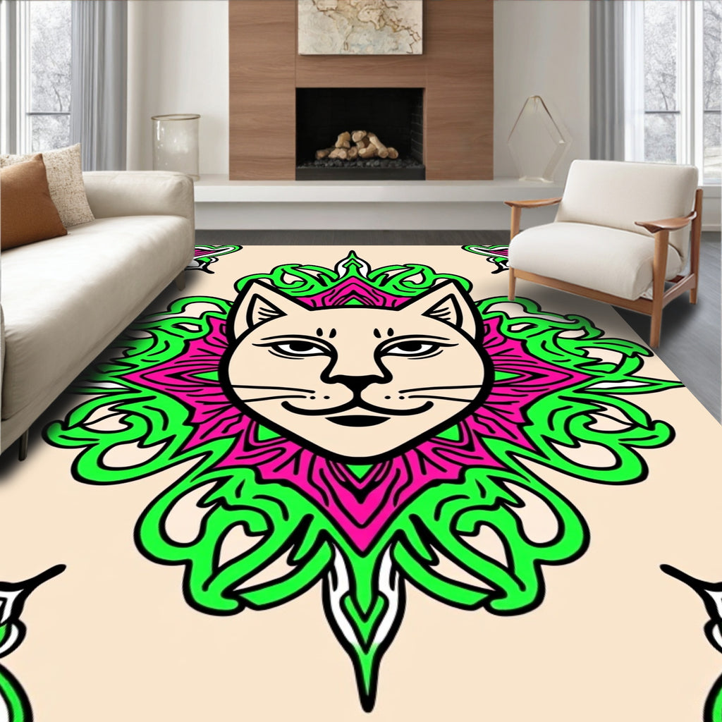 Whimsical Cat Medallion Magenta Green Rug