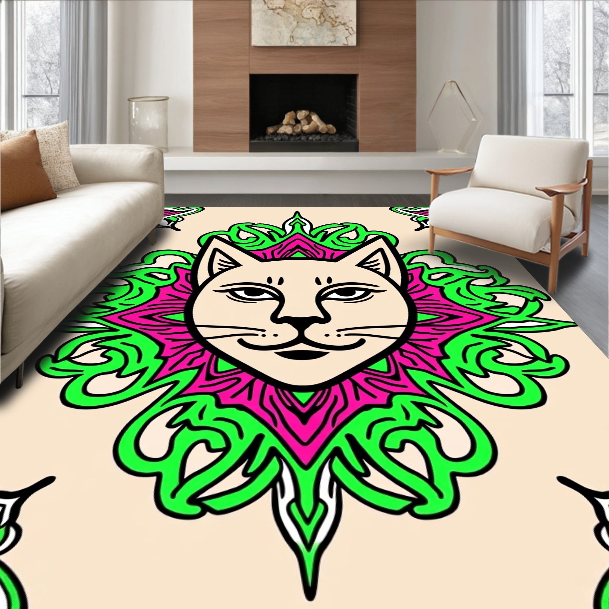 Whimsical Cat Medallion Magenta Green Rug