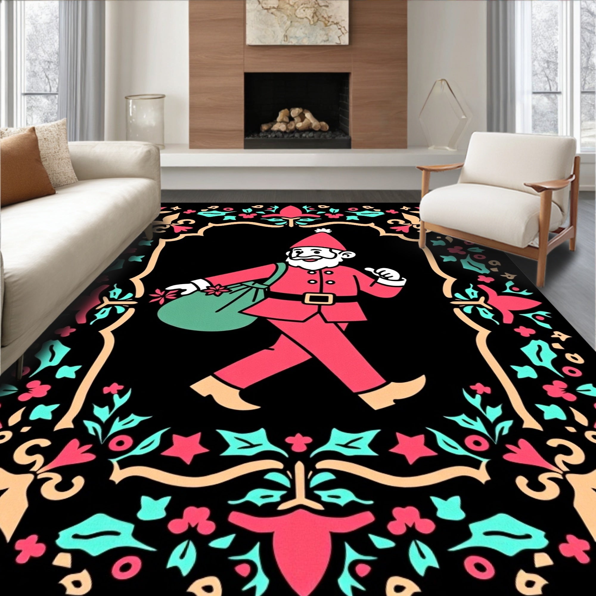 Crimson Gnome With Teal Floral Border Rug