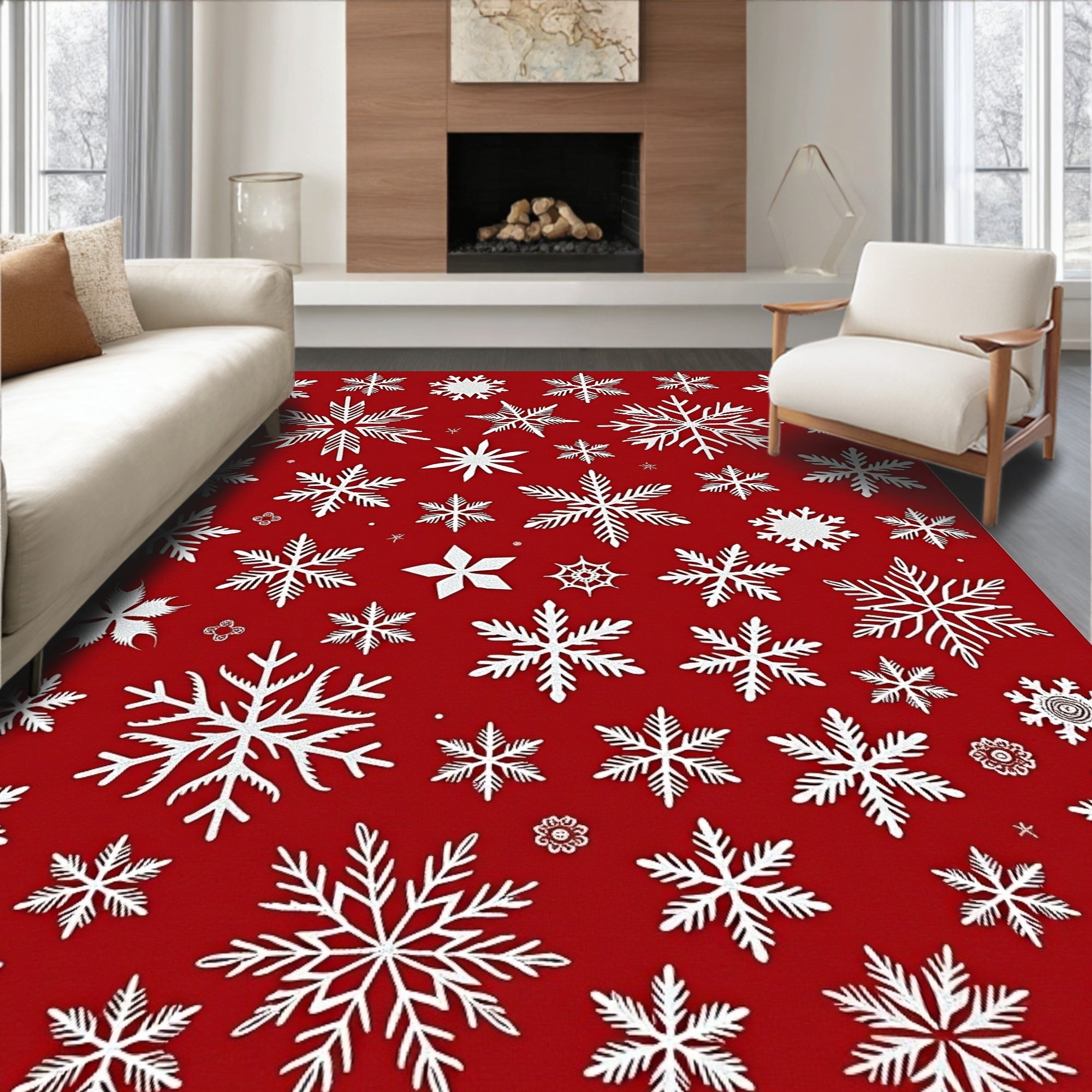 Winter White Snowflakes on Red Background Rug