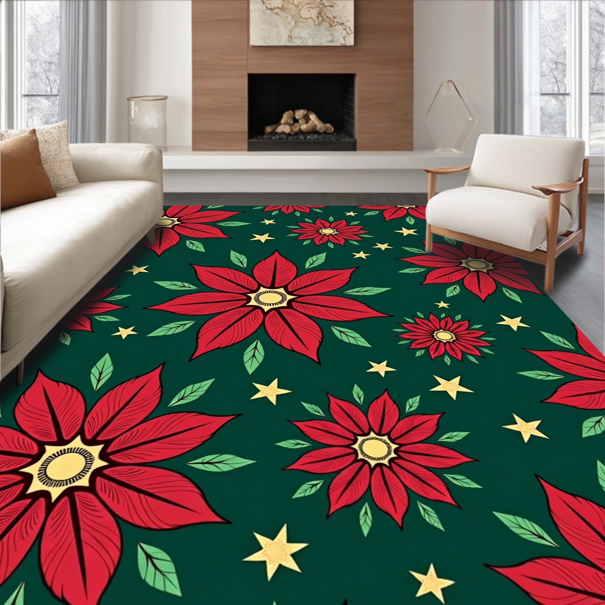Bold Red Poinsettia Starry Green Rug