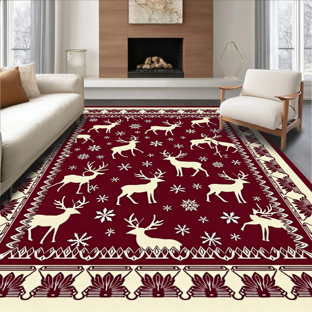 Deep Red Reindeer Snowflake Border Rug