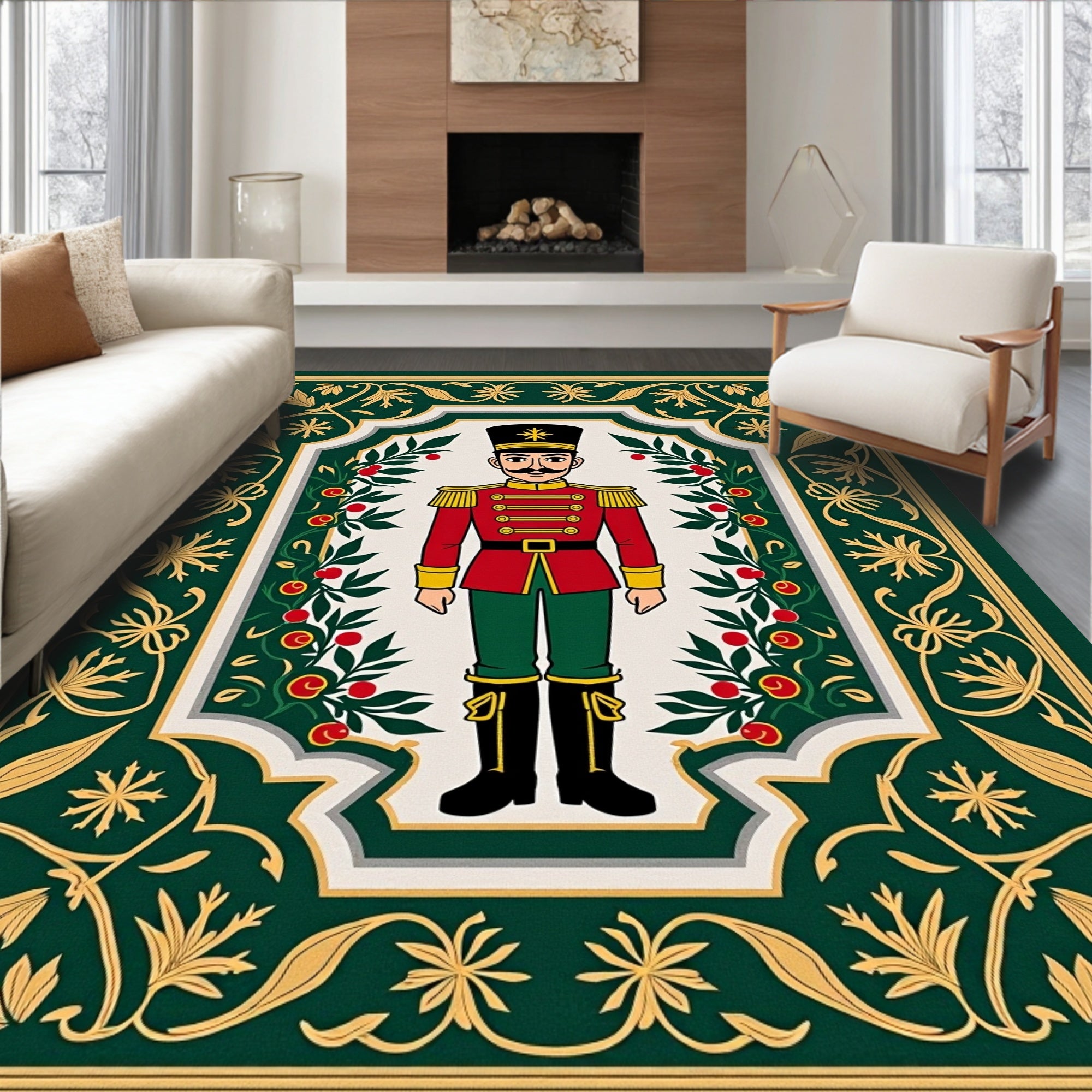 Green Nutcracker Berry Floral Frame Rug