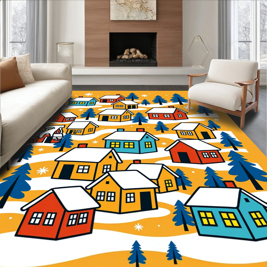 Cozy Winter Village With Snowflakes Houses Rug