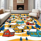 Cozy Winter Village With Snowflakes Houses Rug