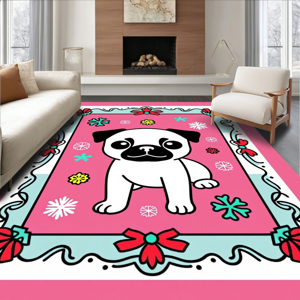 Cute Pug Snowflakes Pink Border Rug