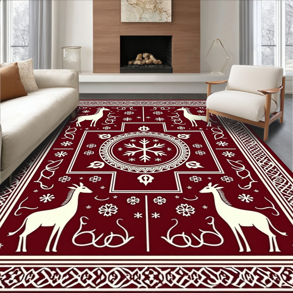 Crimson White Giraffe Snowflake Border Rug