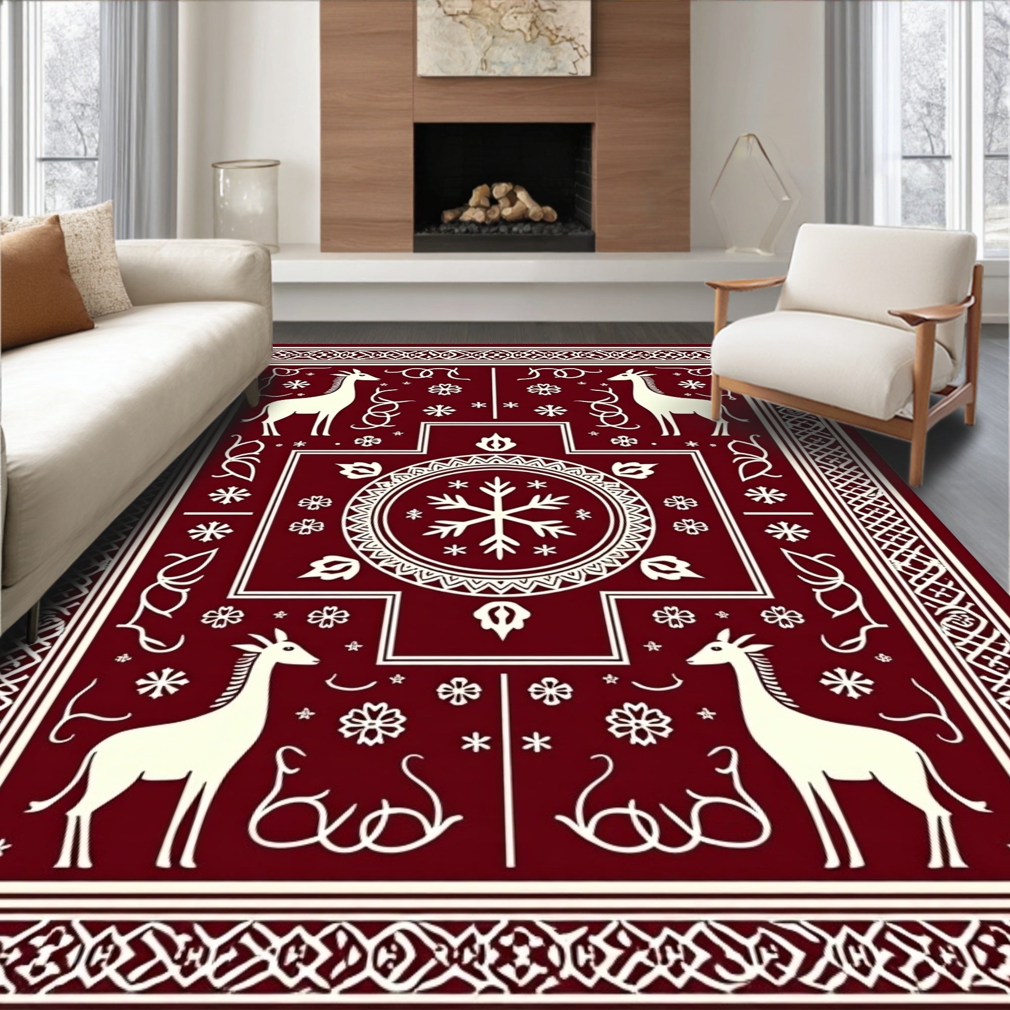 Crimson White Giraffe Snowflake Border Rug