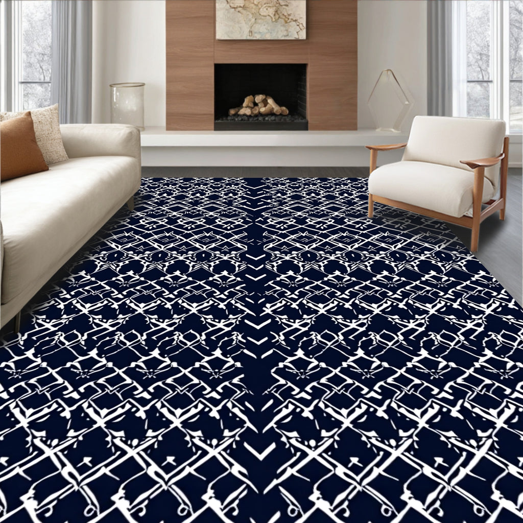 Dark Blue White Interlocking Geometric Lattice Rug