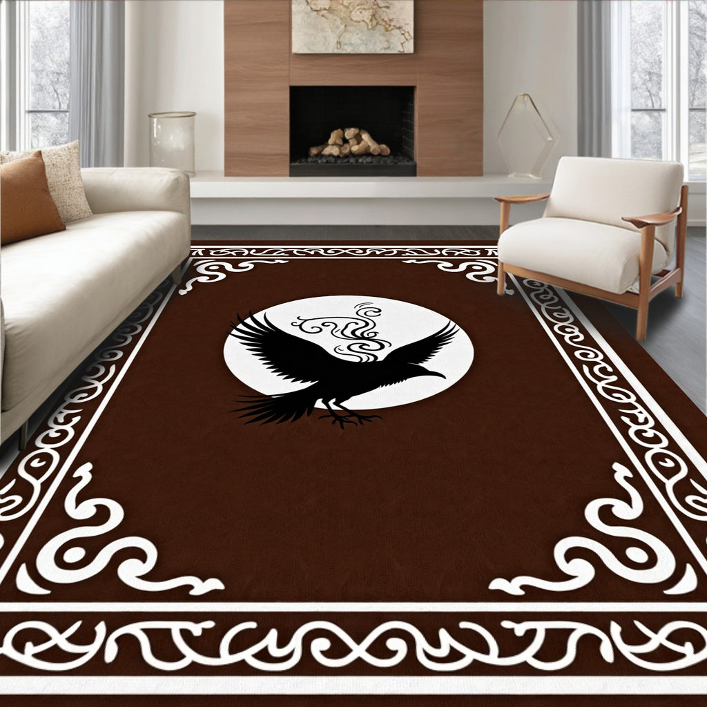 Dark Brown Black Bird Circular Frame Rug