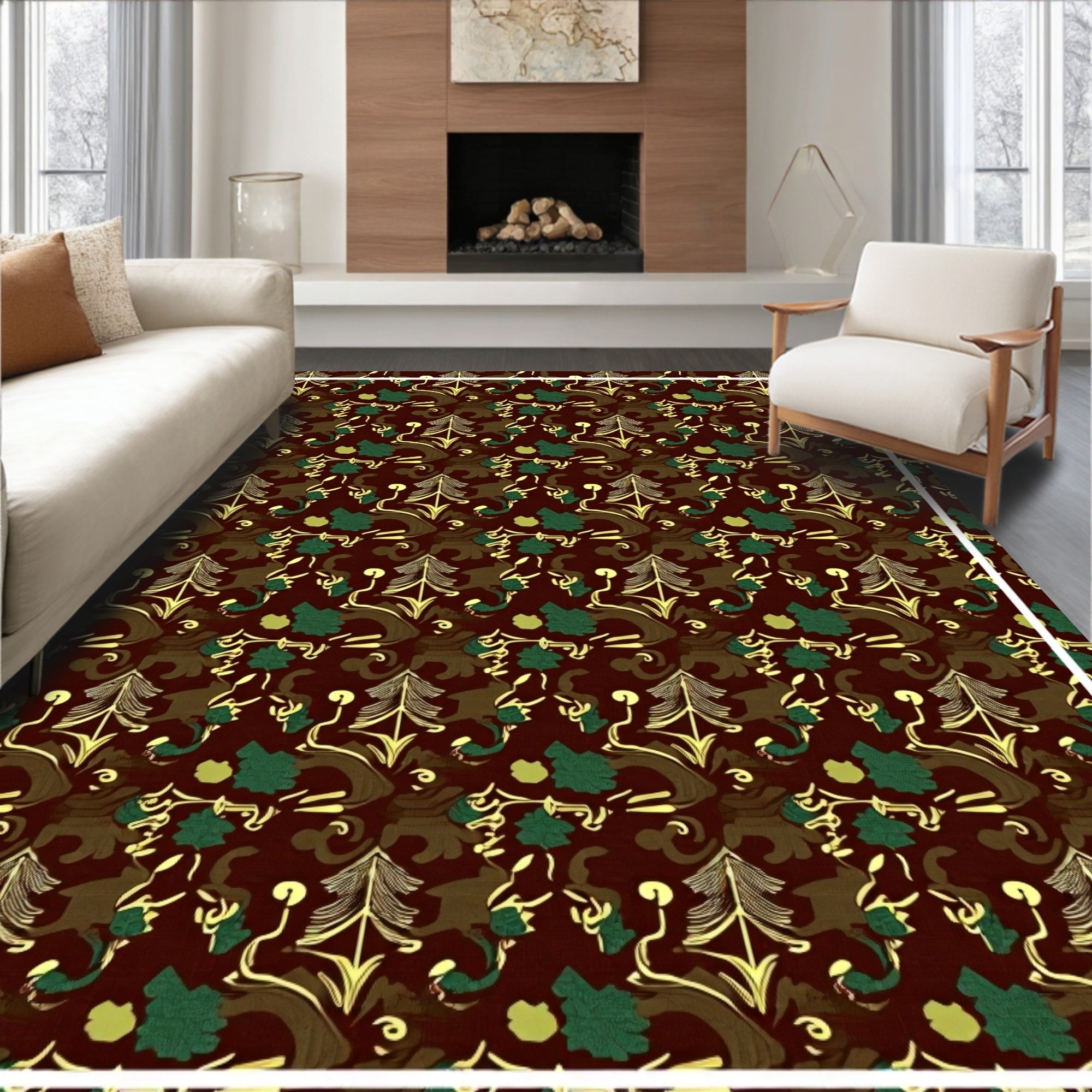 Dark Red Forest Woodland Motifs Rug