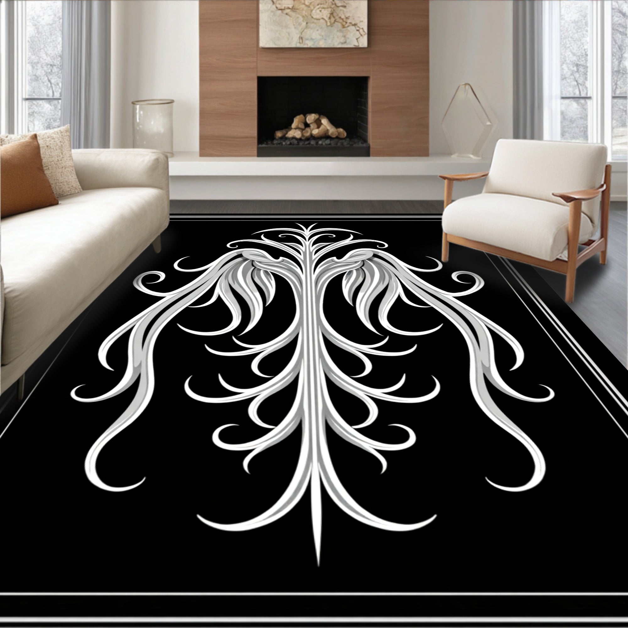 Ornate White Floral Scrollwork Rug