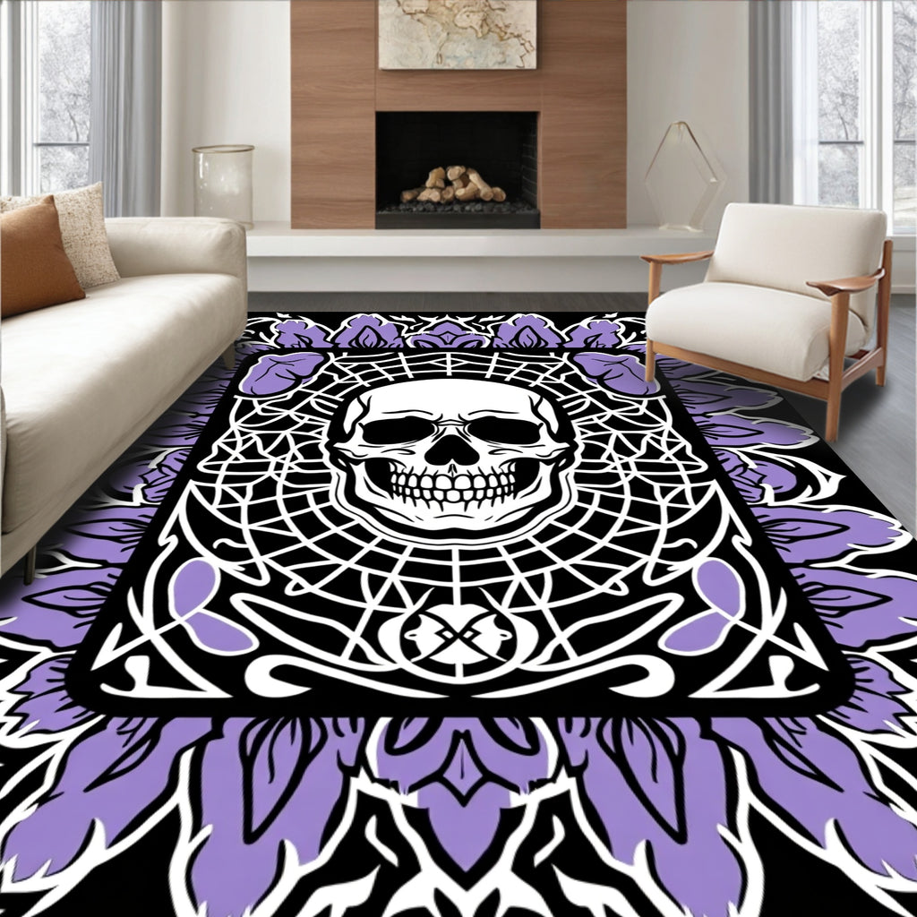 Black White Purple Skull Floral Frame Rug