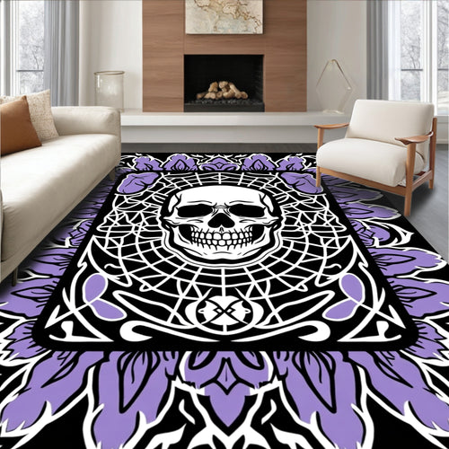 Black White Purple Skull Floral Frame Rug