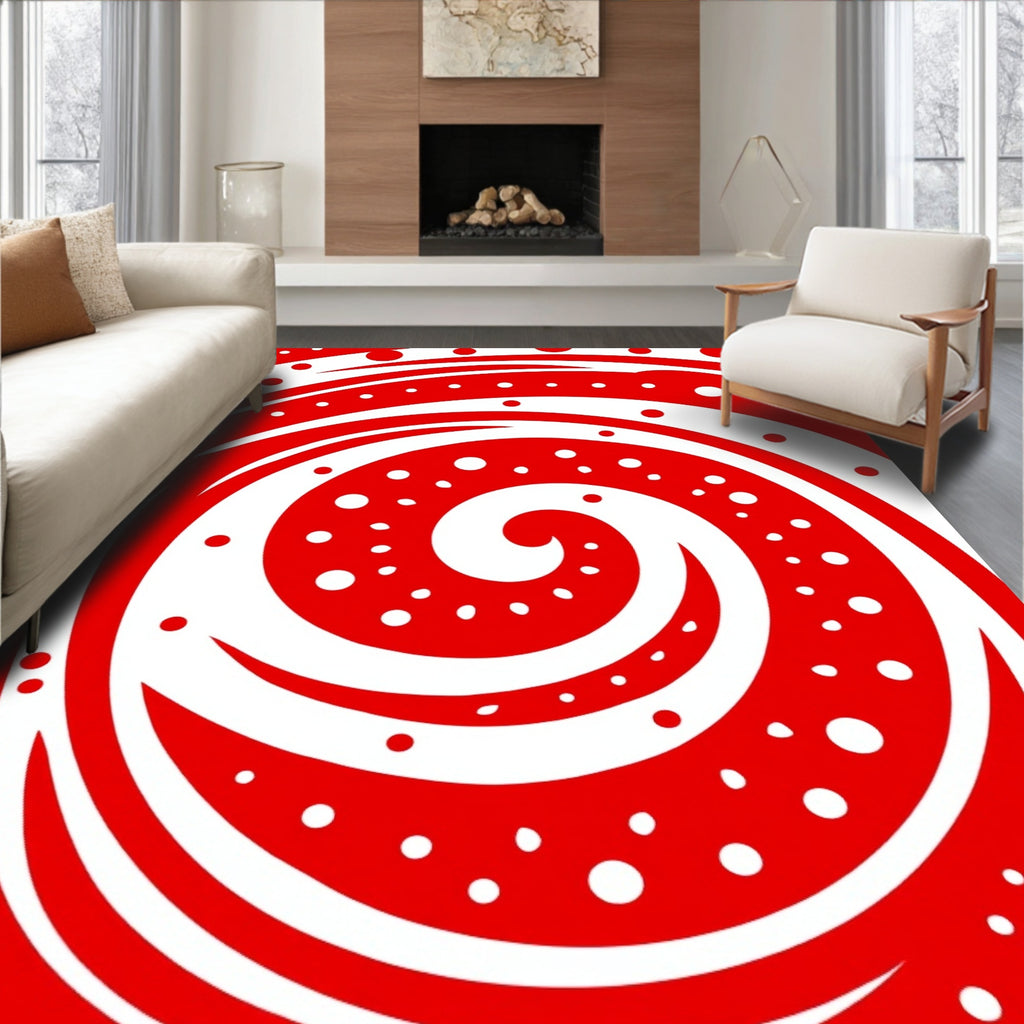 Red White Swirl Polka Dot Accent Rug