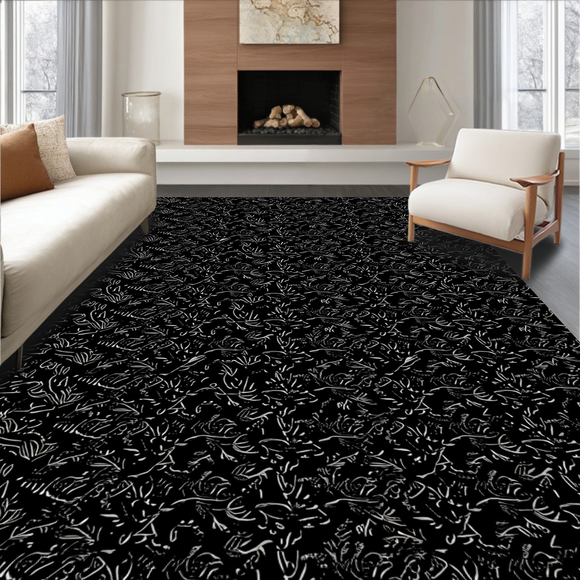 Dark Abstract Sketchy Botanical Vine Rug