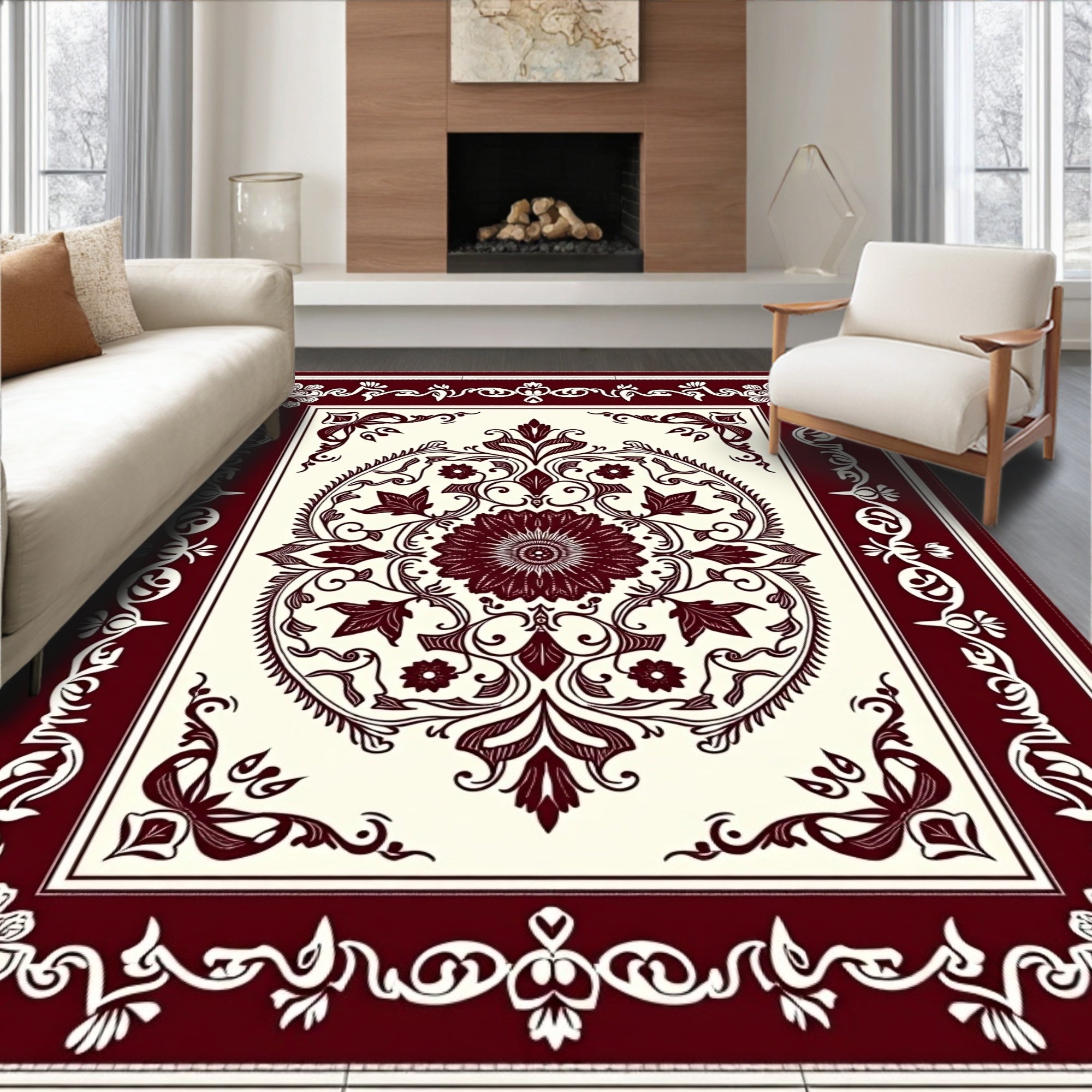 Deep Red Floral Garland Border Rug