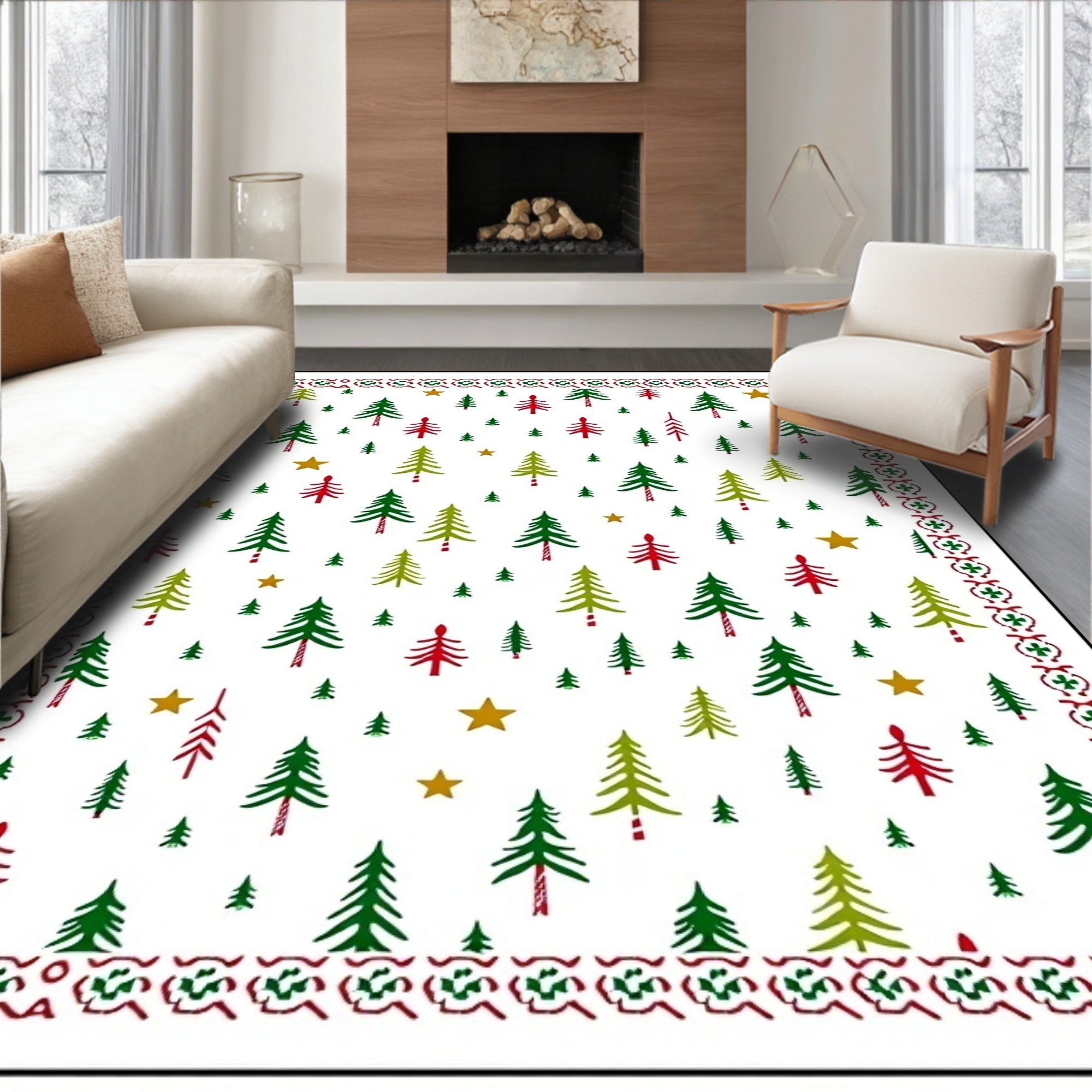 Festive Red Green Fir Stars Border Rug