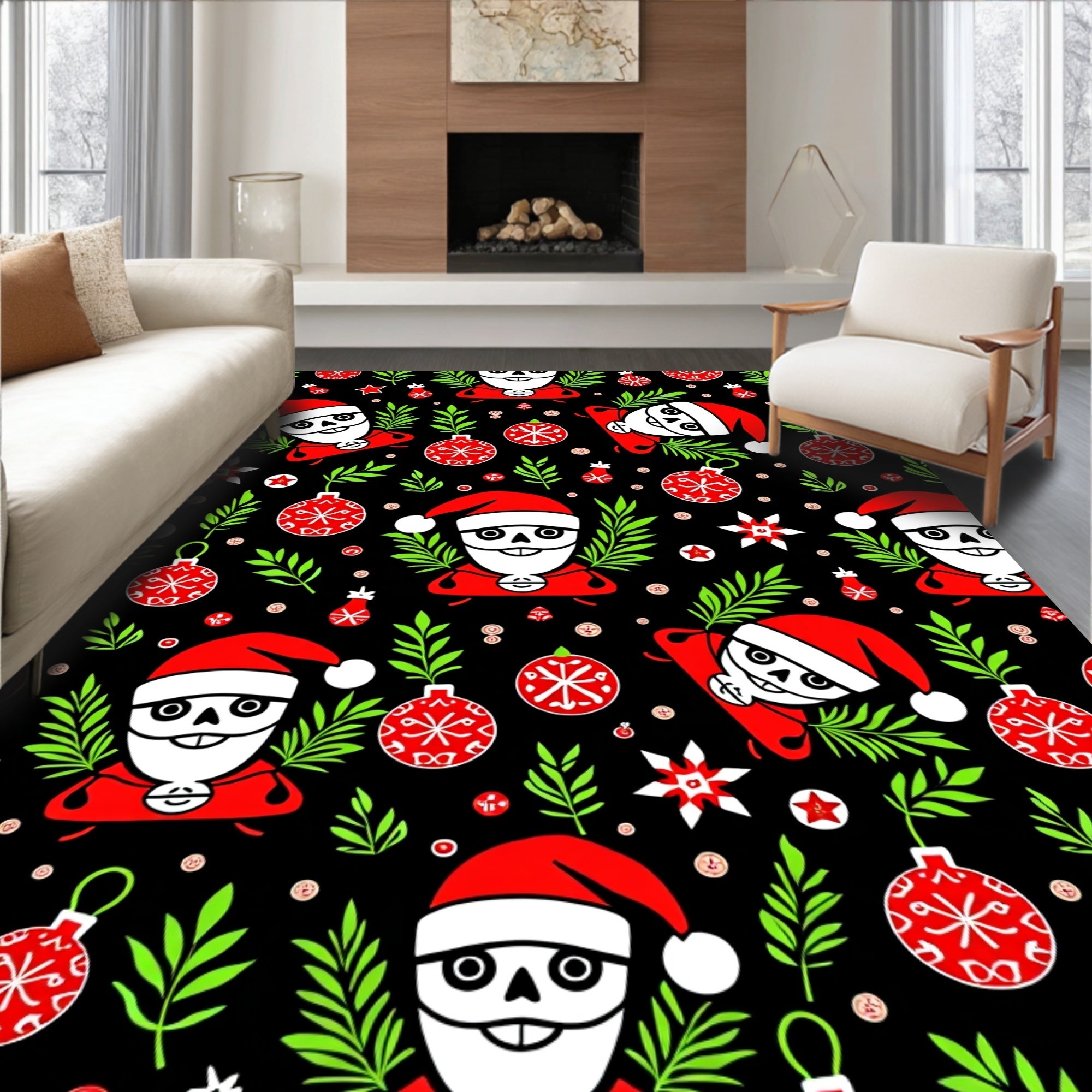Spooky Black Christmas Santa Ornaments Rug