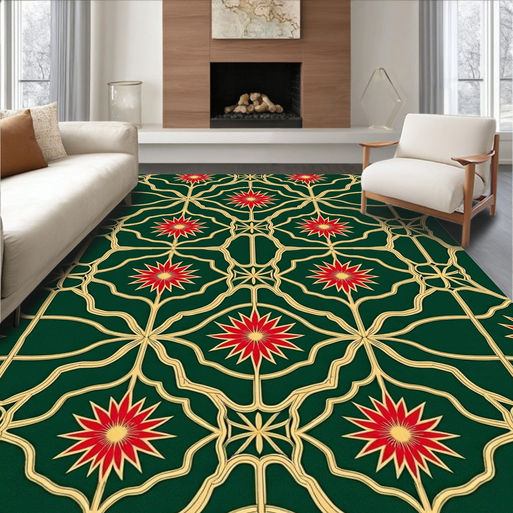 Emerald Green Red Starburst Lattice Rug