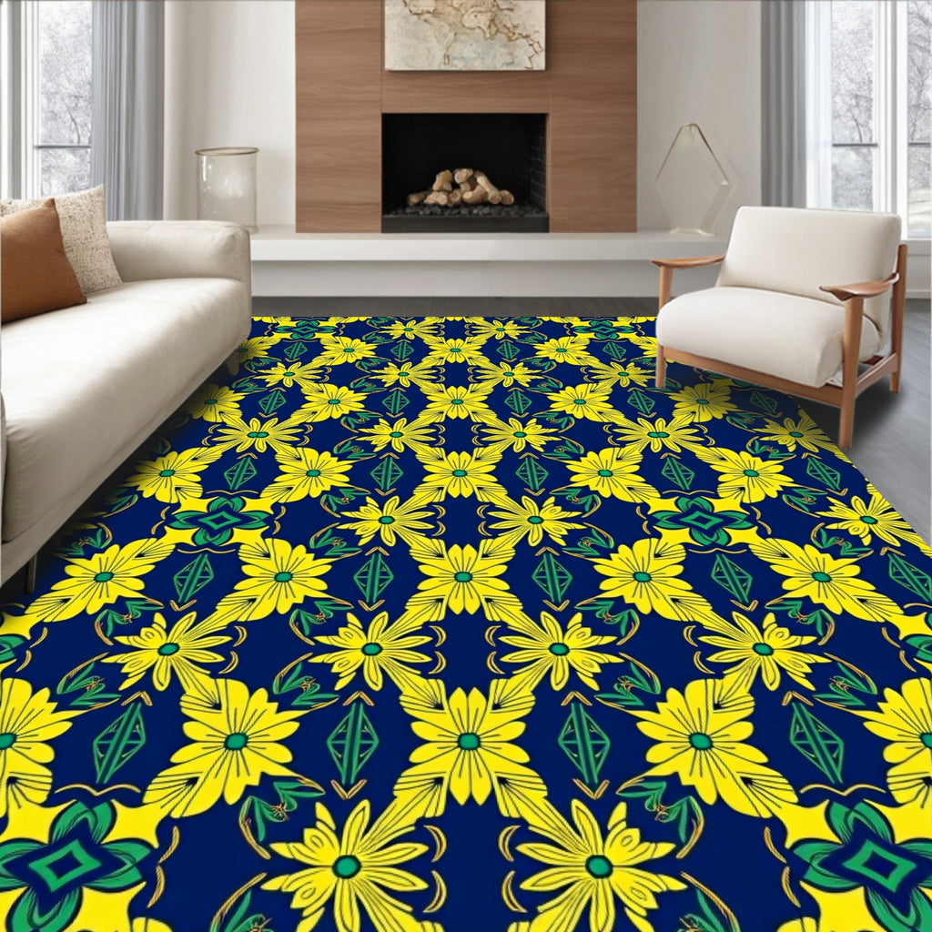 Bright Yellow Daisy Floral Medallion Rug