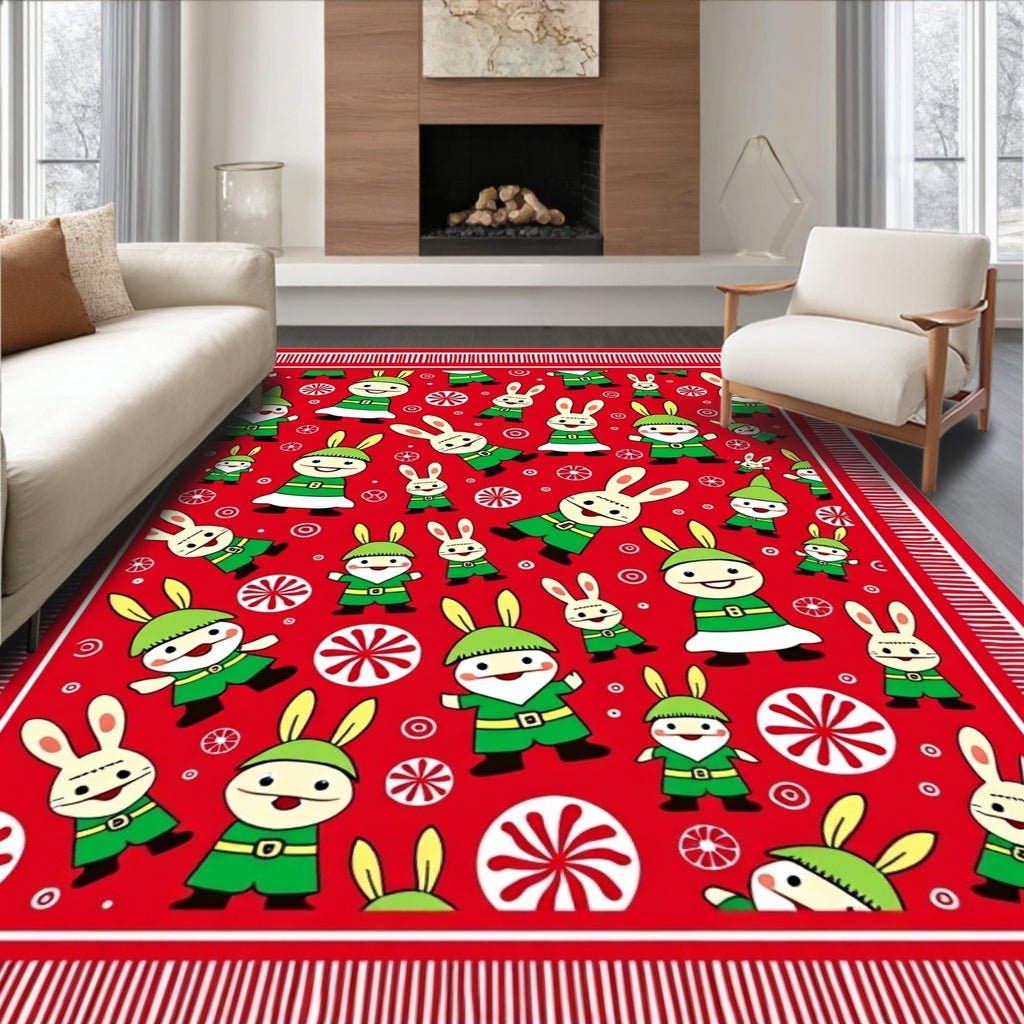 Christmas Gnomes and Bunnies Red Rug