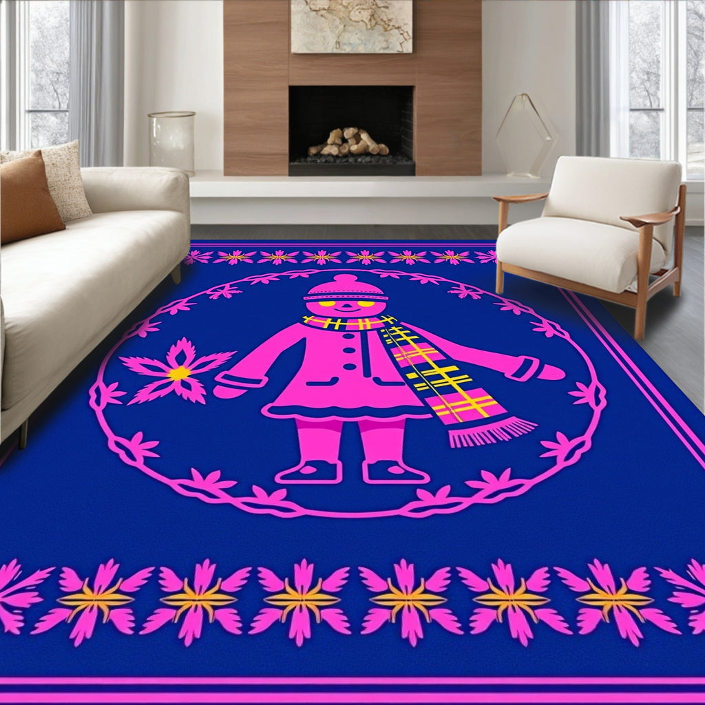 Pink Winter Folk Art Figure Rug