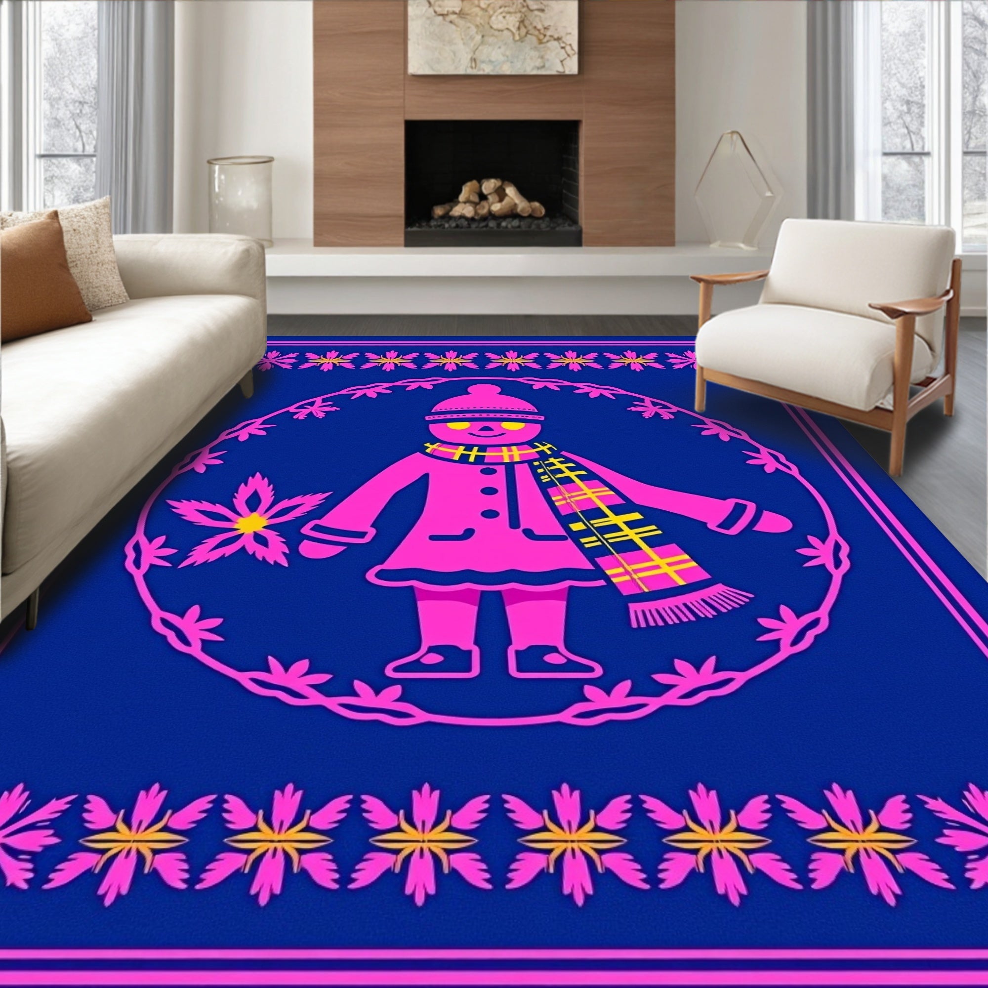 Pink Winter Folk Art Figure Rug