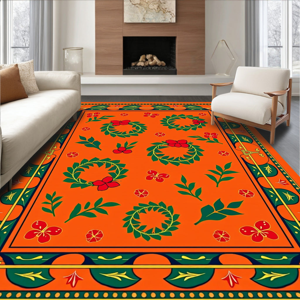 Vibrant Orange Red Floral Garland Rug