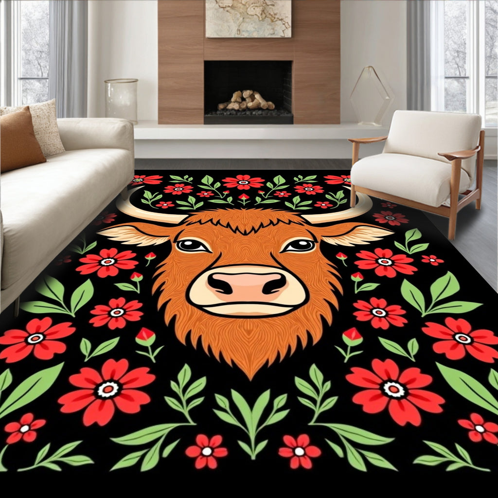 Highland Cow Red Floral Border Rug