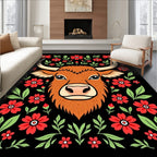 Highland Cow Red Floral Border Rug