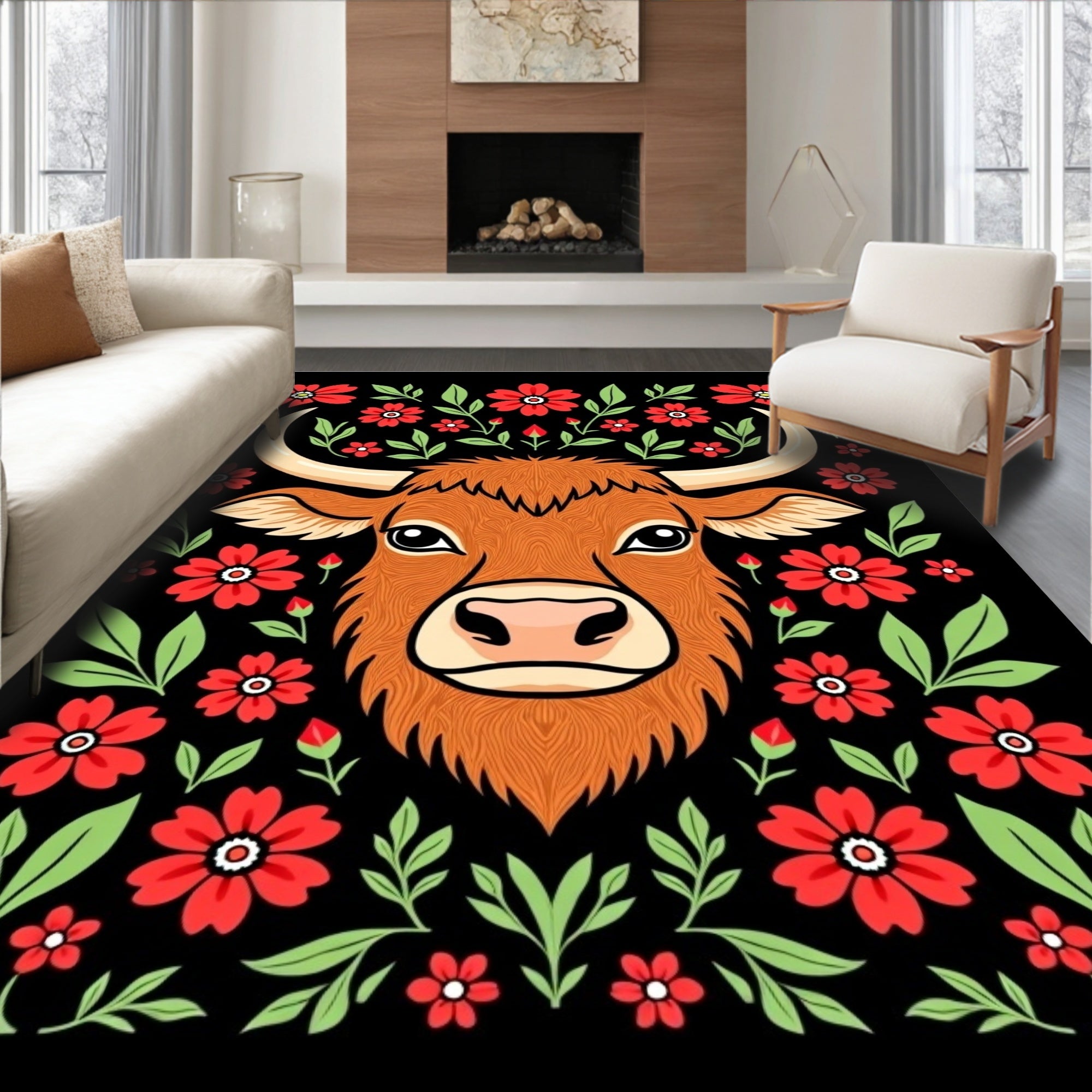 Highland Cow Red Floral Border Rug