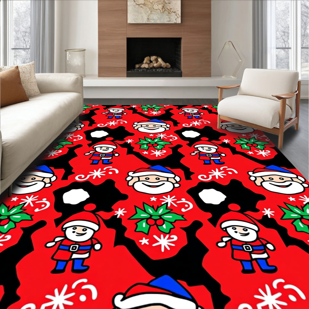 Whimsical Red Santa Claus Holly Snowflakes Rug