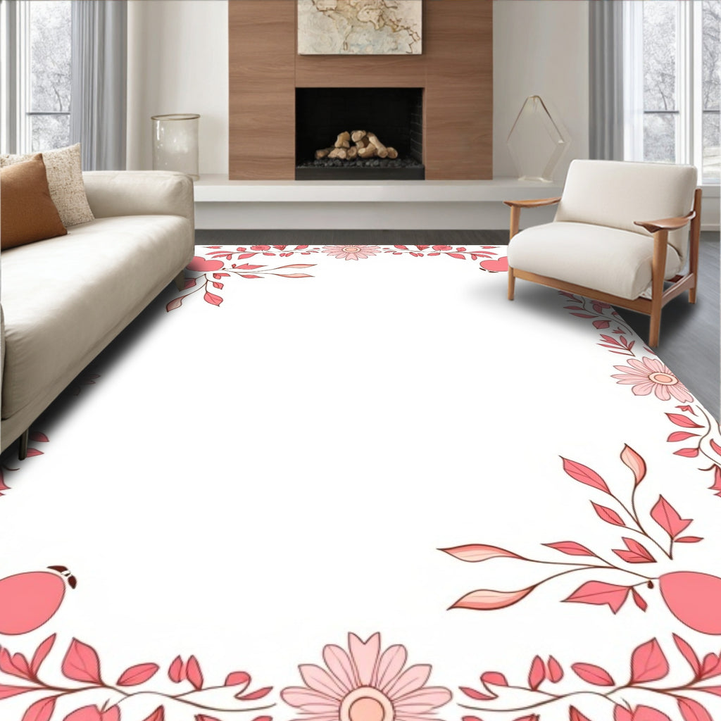 Coral Pink Floral Vine Border Rug