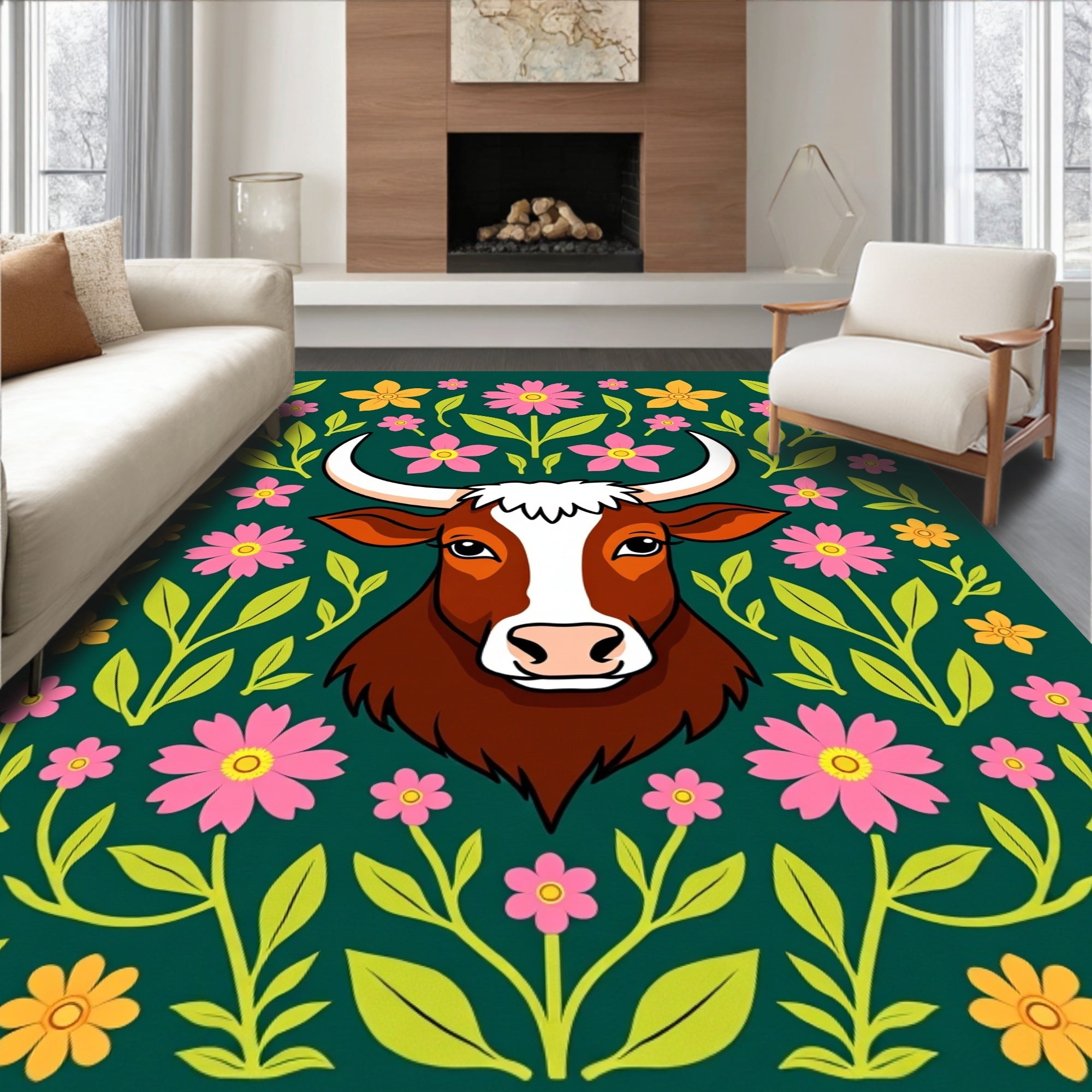 Whimsical Brown Cow Floral Burst Rug