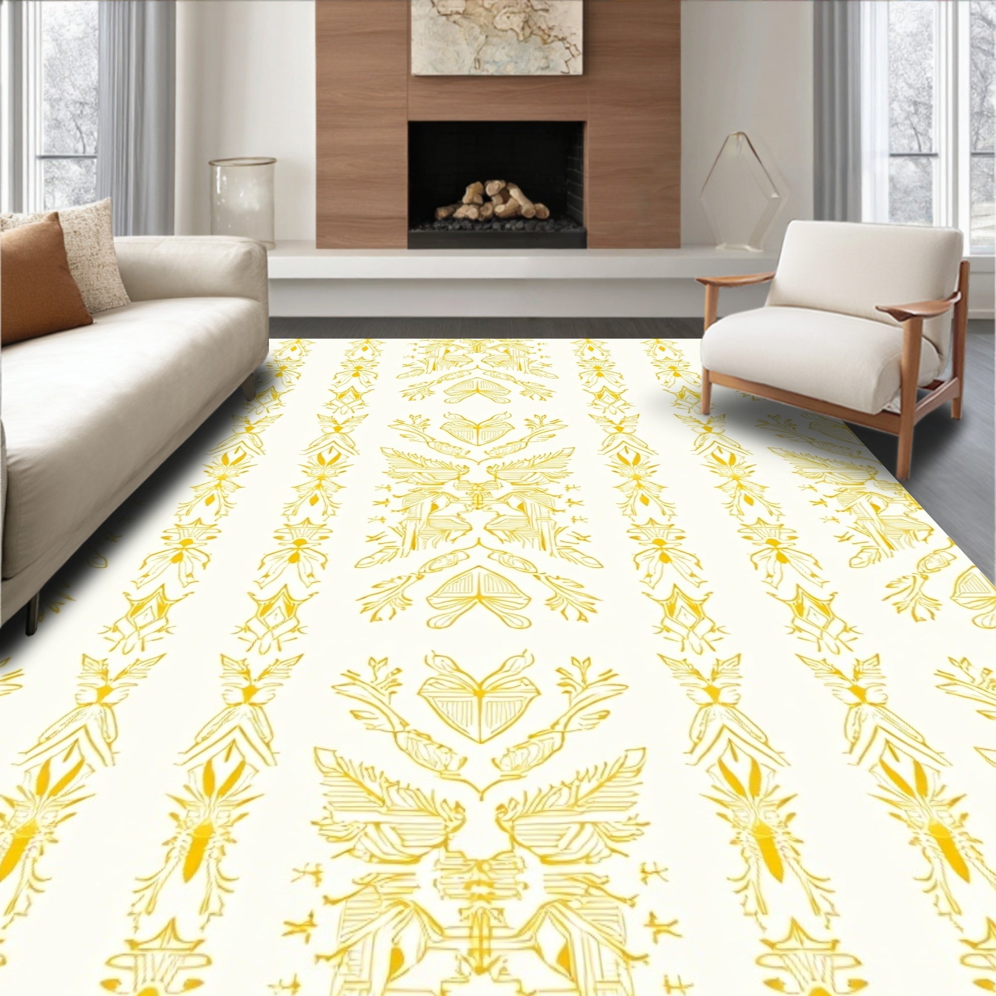 Golden Ochre Stylized Floral Stripe Rug