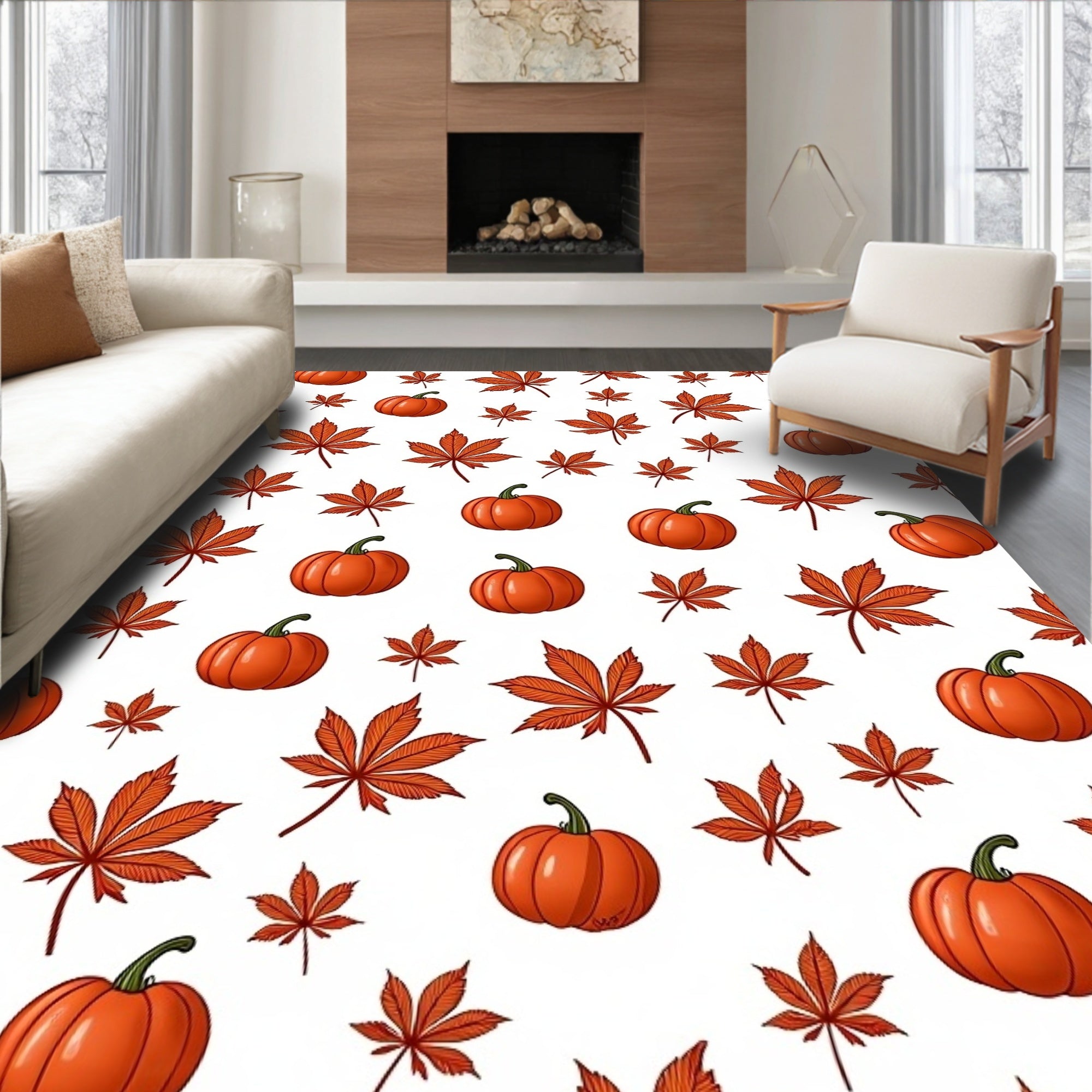 Autumn Orange Pumpkin Maple Leaf Rug