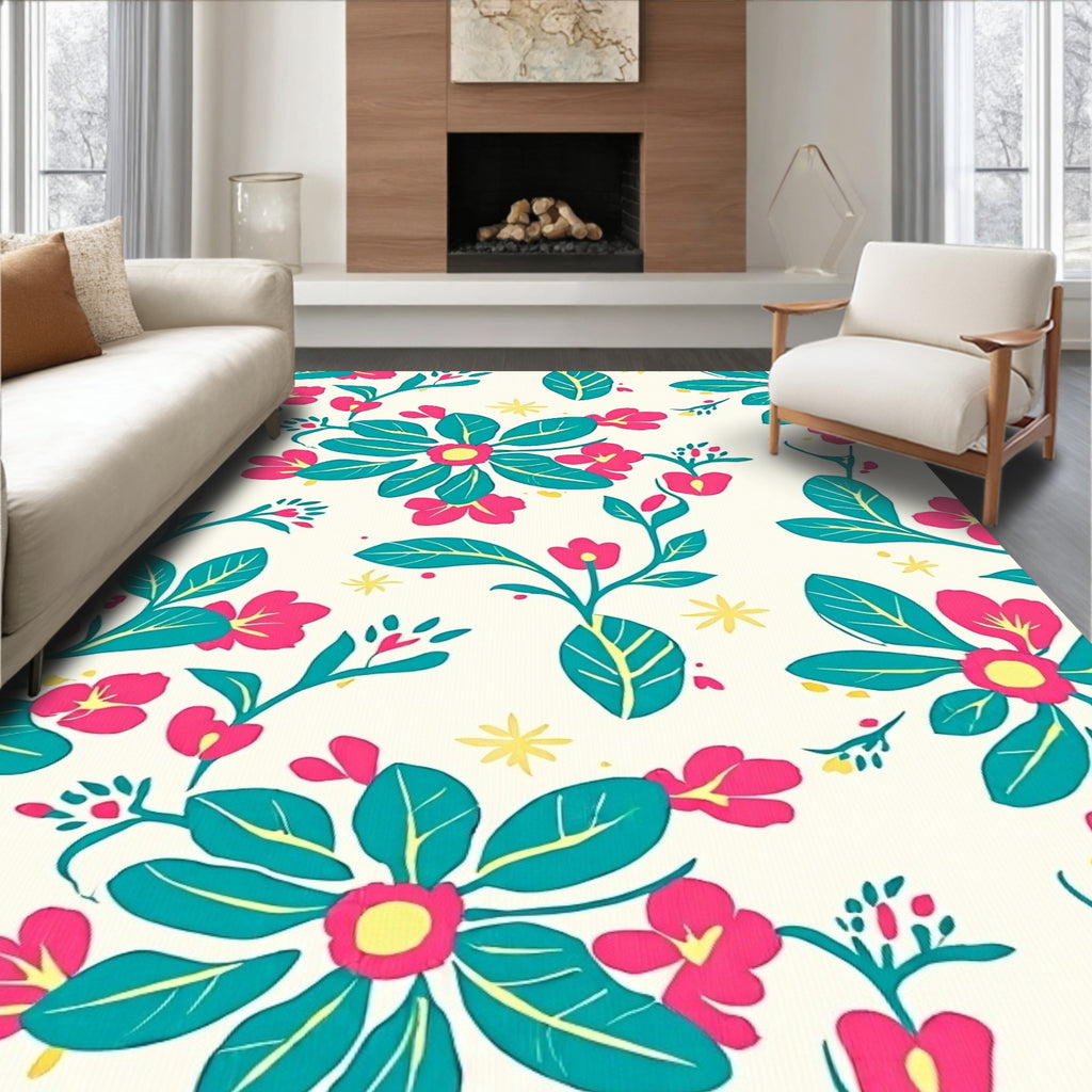 Vibrant Pink Teal Floral Branch Rug