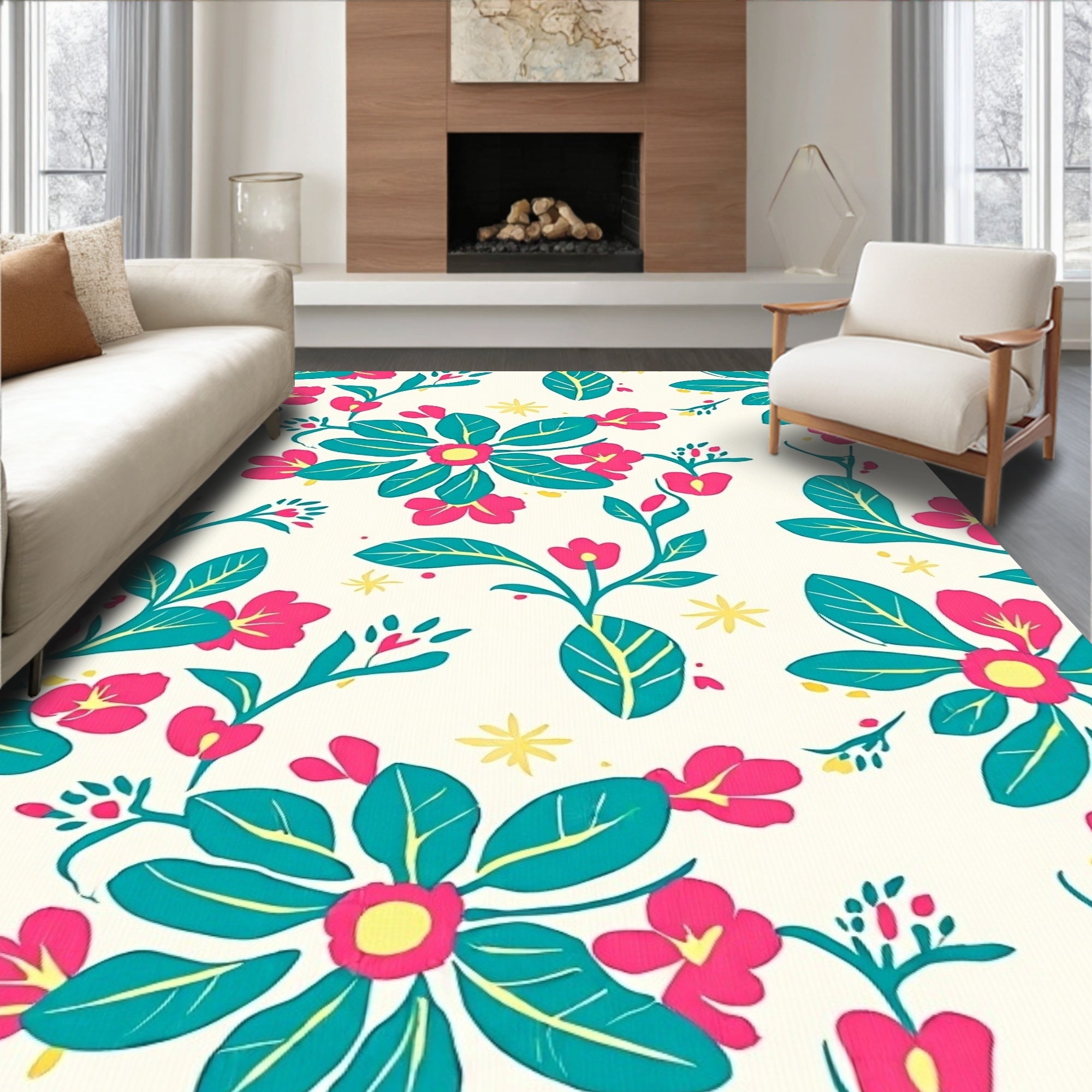Vibrant Pink Teal Floral Branch Rug