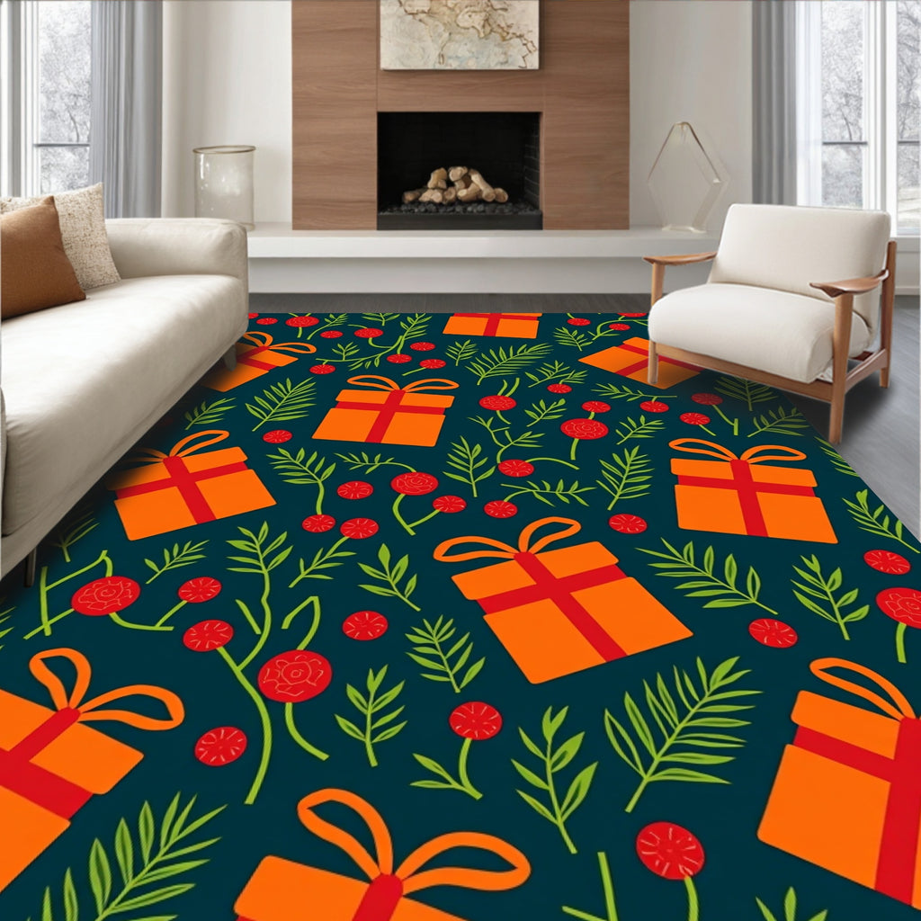 Orange Gift Boxes with Red Flowers Rug