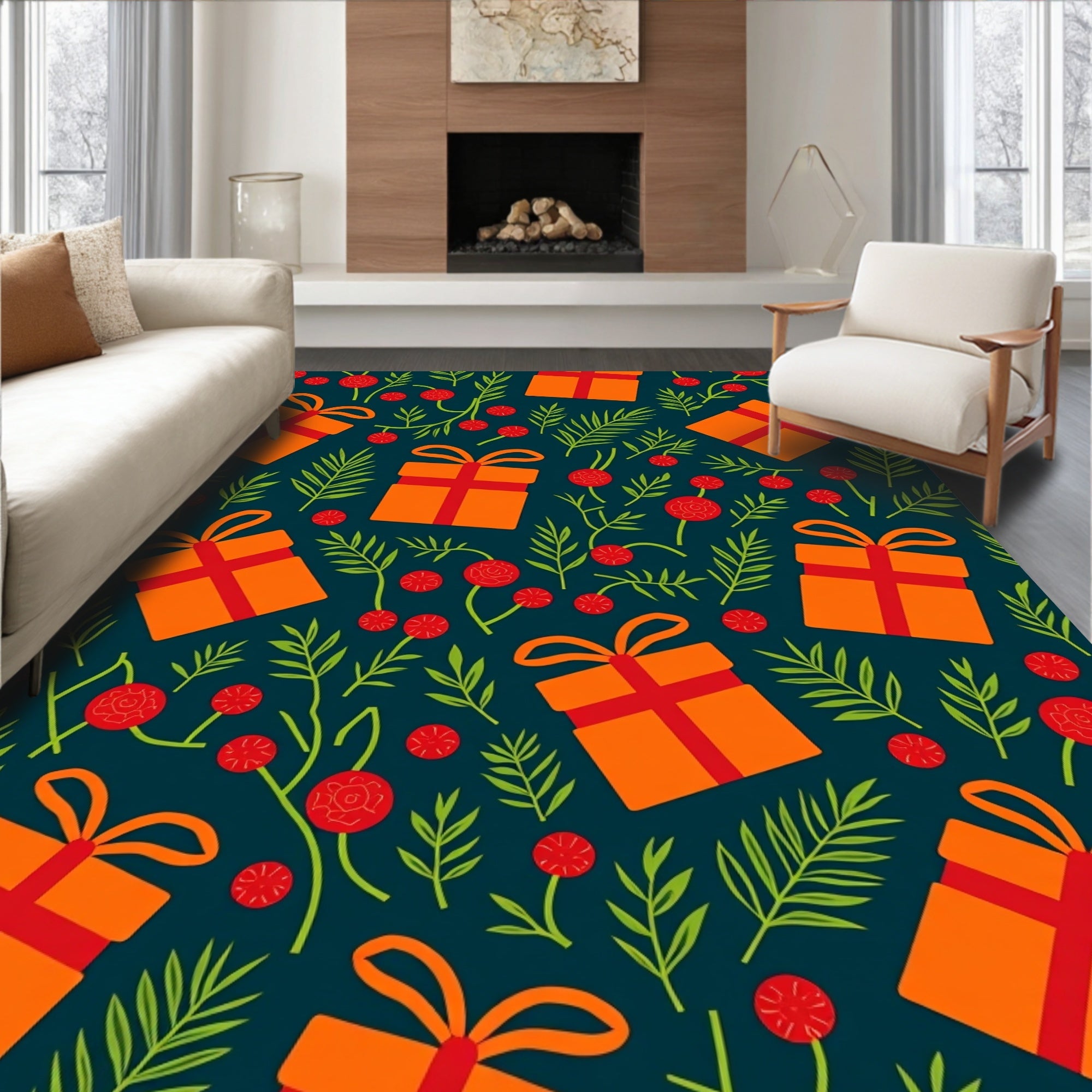 Orange Gift Boxes with Red Flowers Rug