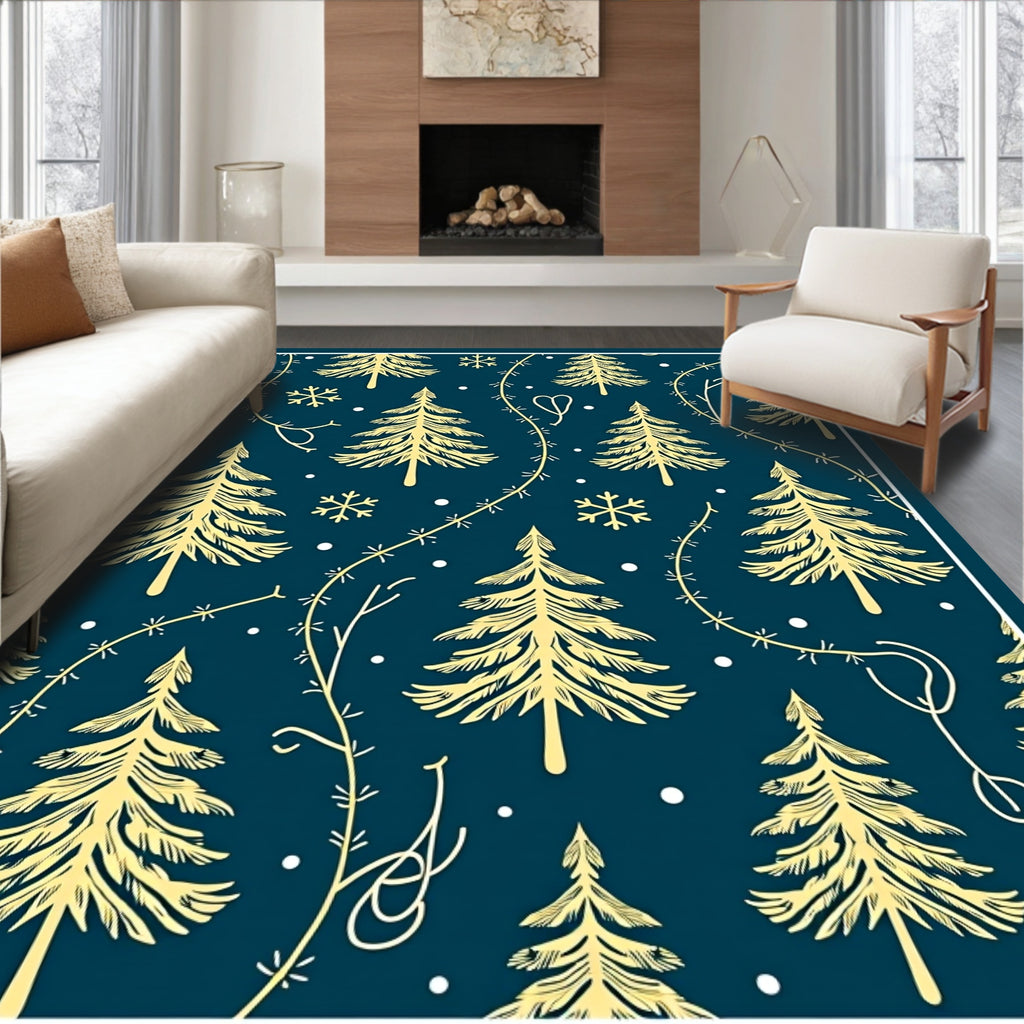 Golden Pine and Snowflake Navy Rug